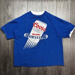 Vintage Coors Light Silver Bullet Thirstday T Shirt Blue Double Collar Molson M